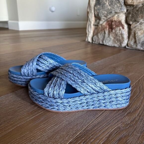 J/Slides Quiver Crossover Espadrille Platform Slide Sandals in Denim Raffia - Picture 6 of 10